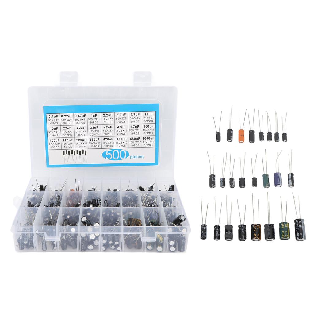 500Pcs Electrolytic Capacitor 0.1uF?1000uF 16V?50V 24 Values Aluminium Capacitor Assortment