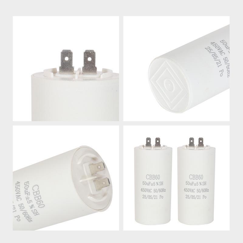 CBB60 Single-Pin Plastic Shell Capacitor for Motor Start 4UF 10UF 450V, Ideal for Washing Machine Water Pumps.