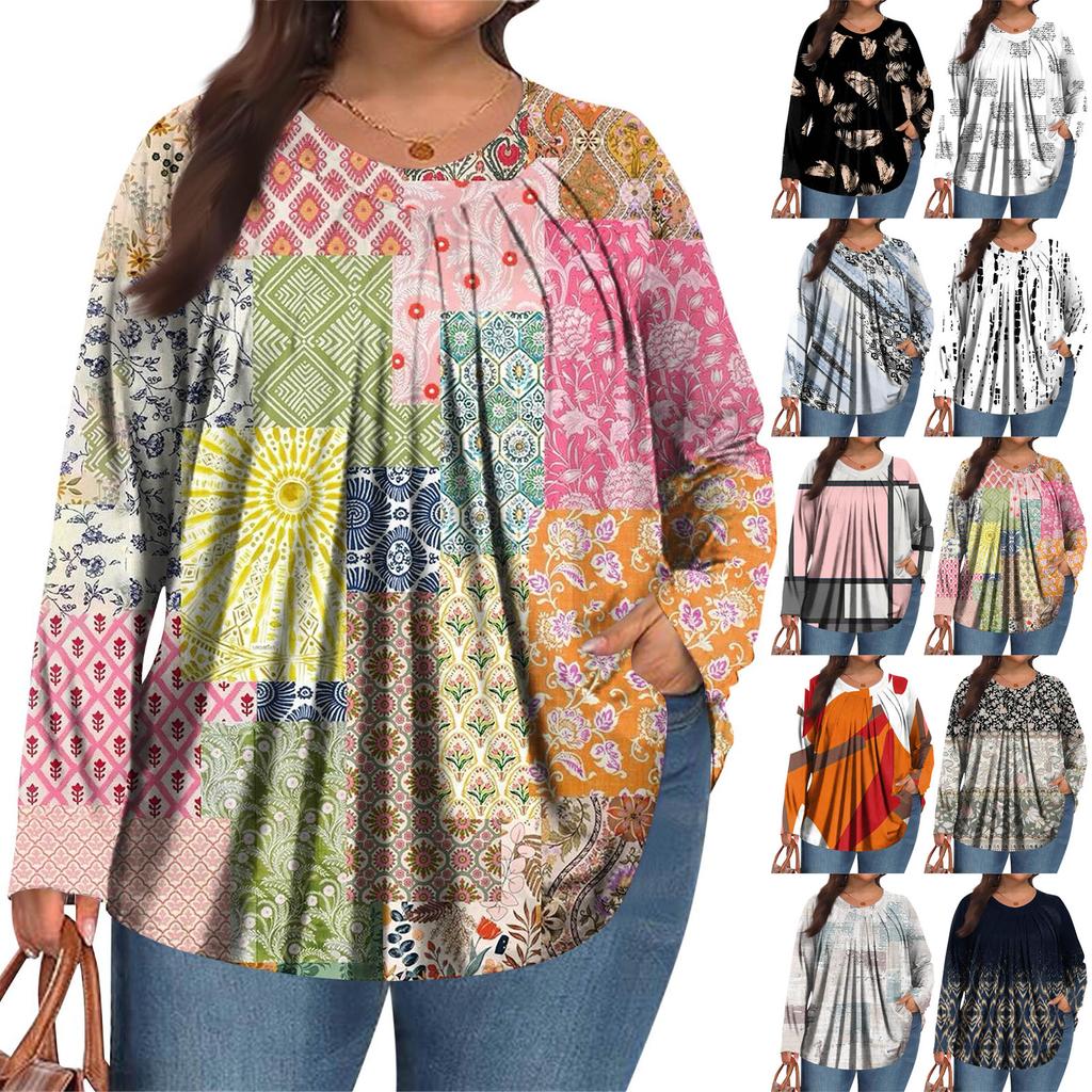 Women's Plus Size Fashion  Printed Casual Pleated Round Neck Long Sleeve Top