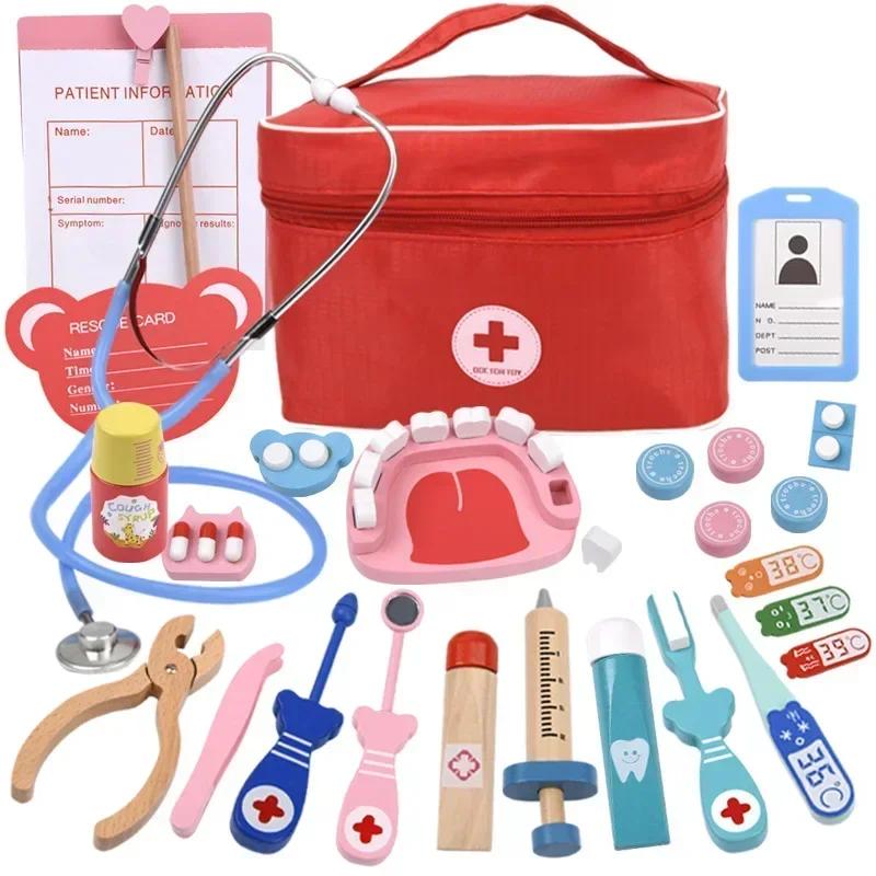 Doctor Toys for Children Set Kids Wooden Pretend Play Kit Games for Girls Boys Red Medical Dentist Medicine Box Cloth Bags Gifts