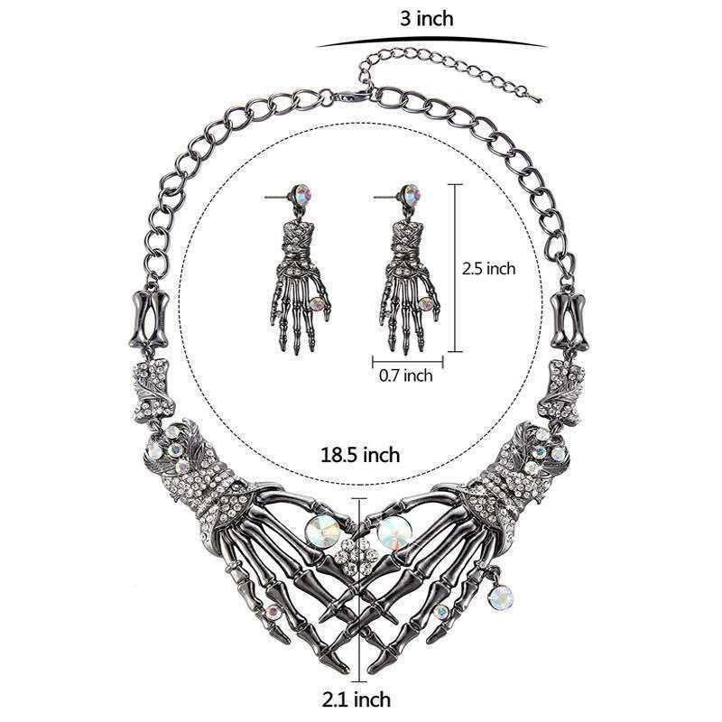 Halloween Skeleton Hand Necklace Earrings Set Rhinestone Gothic Jewelry Alloy Costume Party Accessories for Women/Men