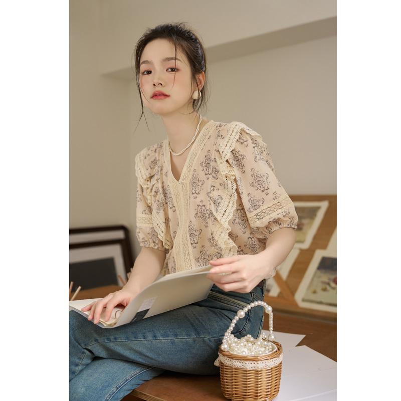 

Женская кружевная рубашка Mishow с оборками, летняя французская винтажная шифоновая блузка с v-образным вырезом и v-образным вырезом, женская одежда MXC35X0068 S