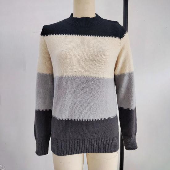Women Knitting Tops Round Neck Knitted Pullover Tops Long Sleeve Color Blocked Loose Hem H-Shaped Warm