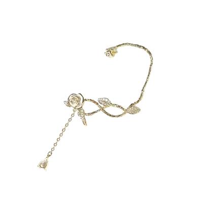 Handmade Camellia Flower and Tassels Ear Clip Comfortable Alloy Ear Cuff with Sparkling Zircon Evening Dress Accessory