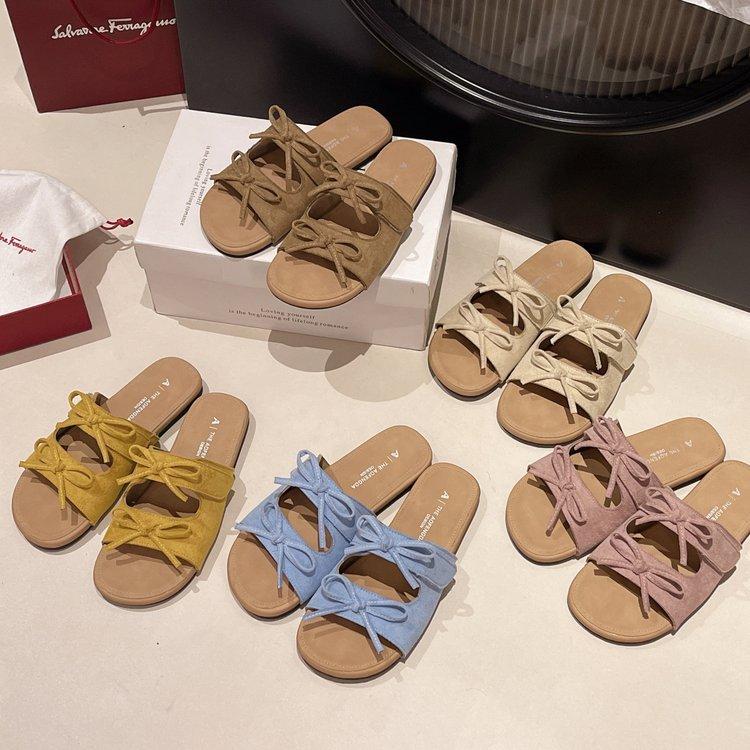 

Fashion bow one-word slippers women s summer new out casual sandals retro beach cool slippers 40