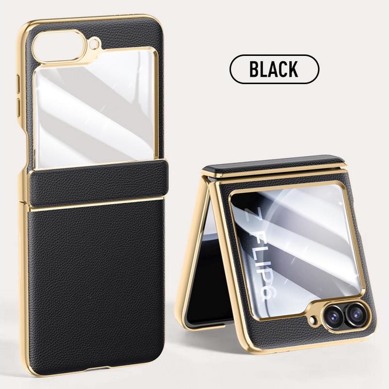 Electroplate Spring Hinged Plain Leather Tempered Glass Protect Case For Samsung Z Flip 6 5 Galaxy Z Flip6 5 All-inclusive Cover