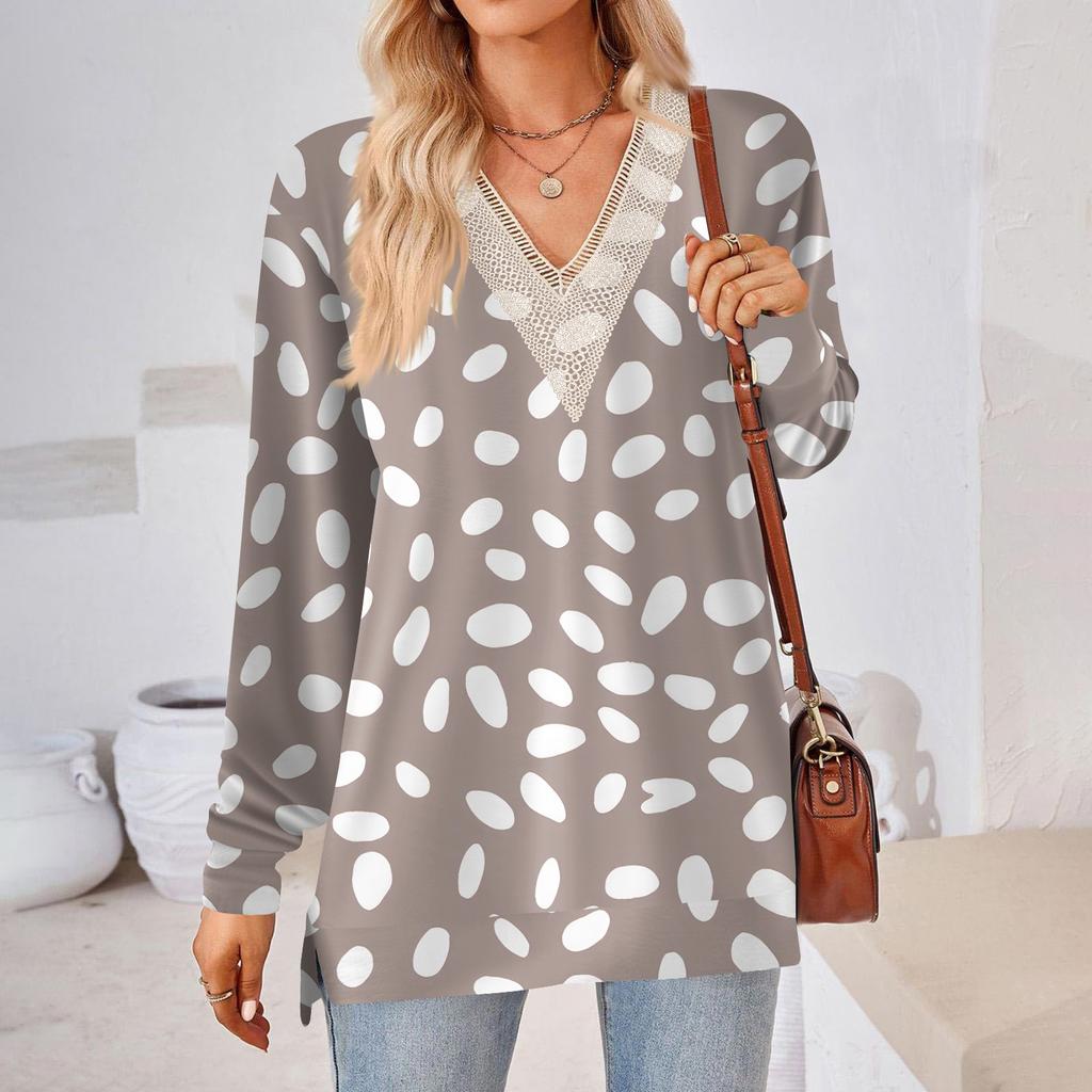Womens Tops Loose V-neck Contrast Color Split Loose Long Sleeve T-shirt Women's Tops