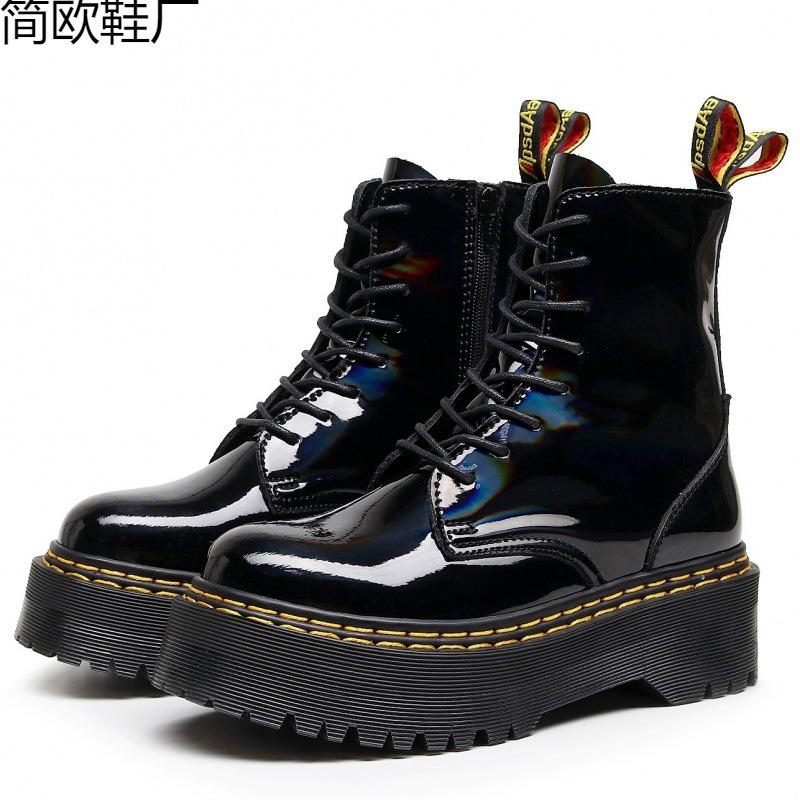 Laser thick-bottomed hole locomotive boots, side zipper British women's short boots, muffin bottom