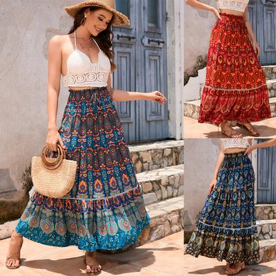 Spring Summer Bohemian Ethnic Lace Trim Cotton Maxi Skirt, Vacation Style Long Skirt