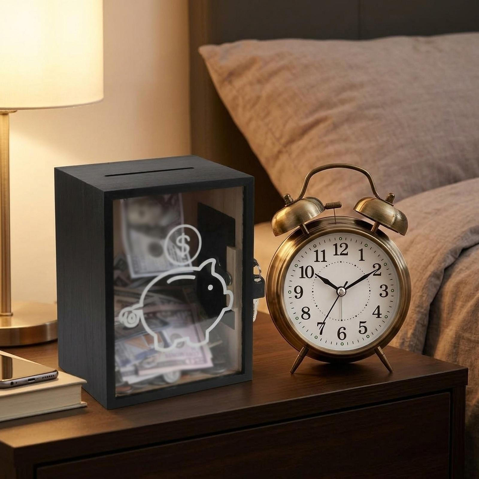 

Wooden Money Saving Jar Bank Box Storage Clear Piggy with Key Lock for Bedroom Desk Home