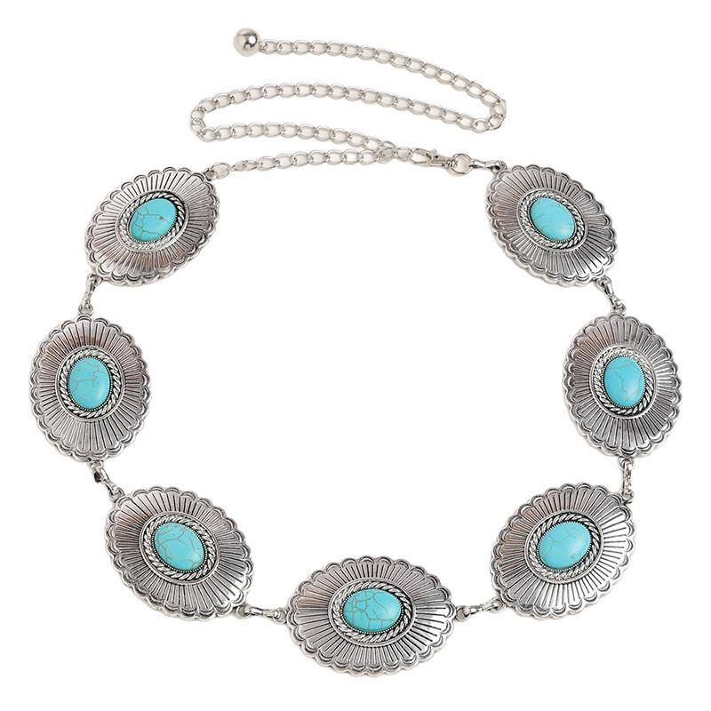 Bohemian Style Artificial Turquoise Metal Waist Chain With Vintage Finish For Women
