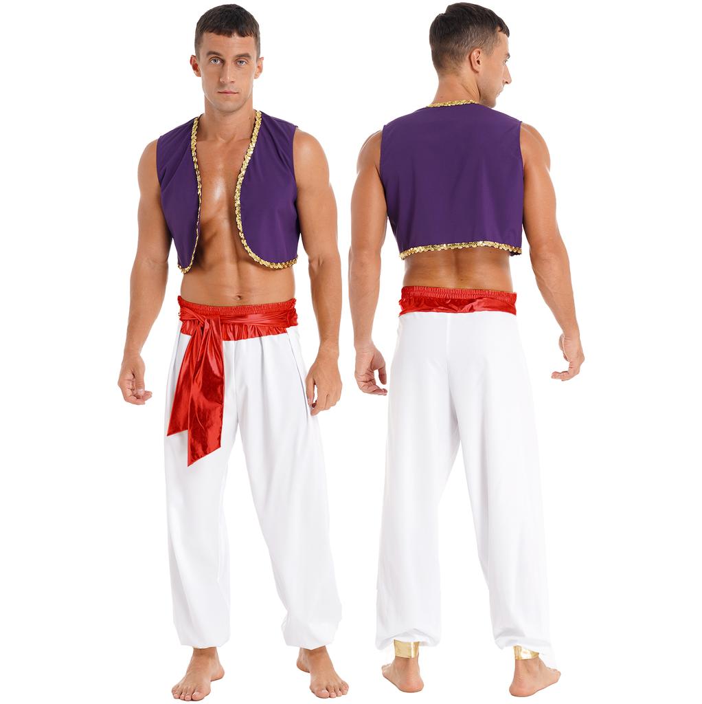 Anime Charakter Cosplay Herren Halloween Kostüm Mythischer Prinz Aladin Karneval Karneval Cosplay Party Outfit Paillettenbesatz Weste Mit Be