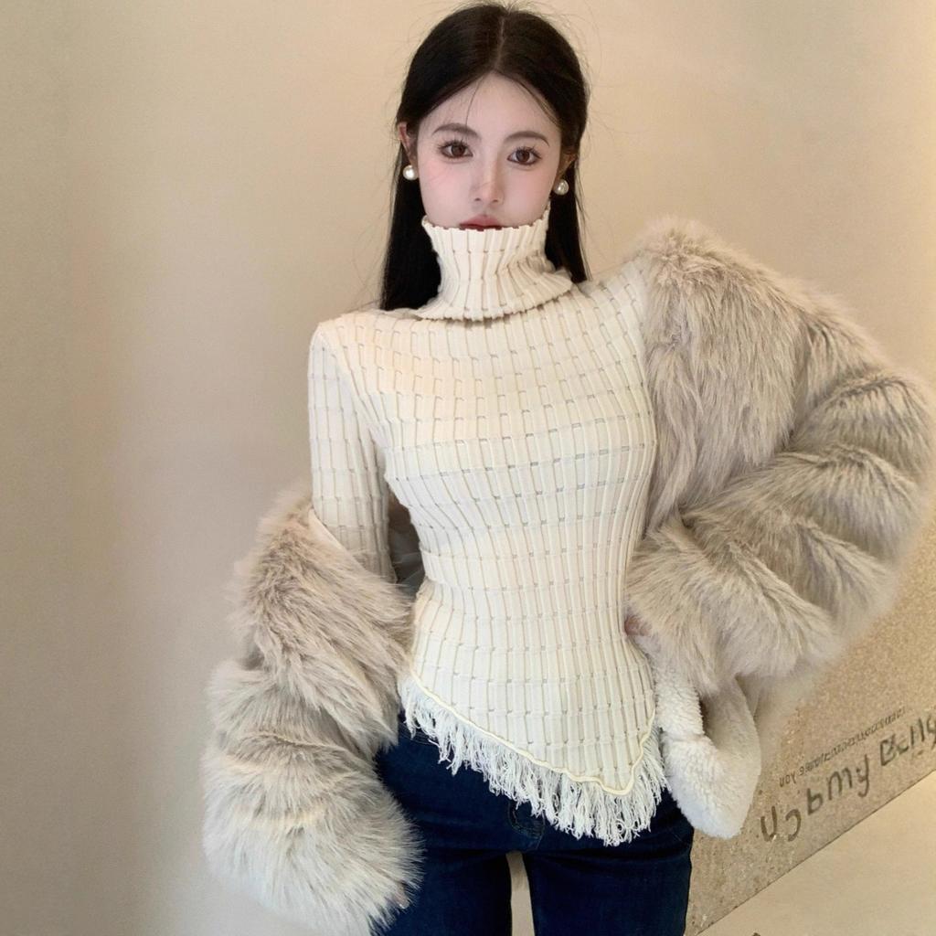 Irregular Tassel Turtleneck Knitted Sweater Women's Winter Temperament Slim and Thin Long-sleeved Sweater with Base