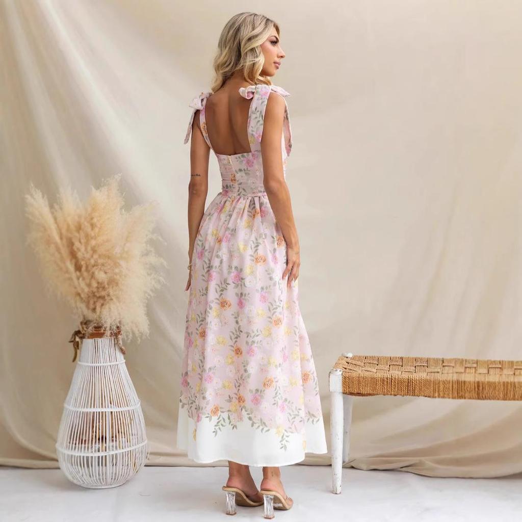 This Summer's New Resort-style French Floral Floral Cinched-waist Slimming, Color-block Strappy Jumpsuit Dress