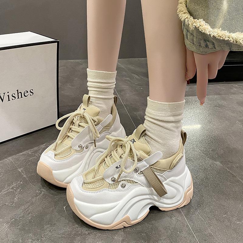Fashion Fashion Chunky Sneakers Women Autumn Lace Up Platform Sports Shoes Woman 7CM Thick Bottom High Heels Female Leather Sneakers