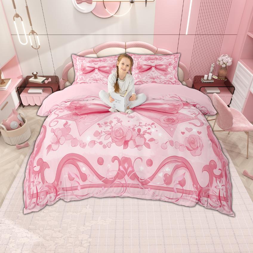 Homewish Girls Bow Knot Duvet Cover Set 2Pcs/3Pcs Princess Style Bedding Ribbon Bow-Tie Bed Cover Set