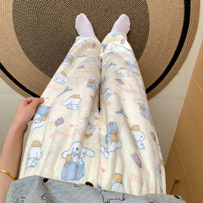 Korean Style Women's Cartoon Flannel Sleep Pants - Wearable Outdoors for Autumn and Winter 2025
