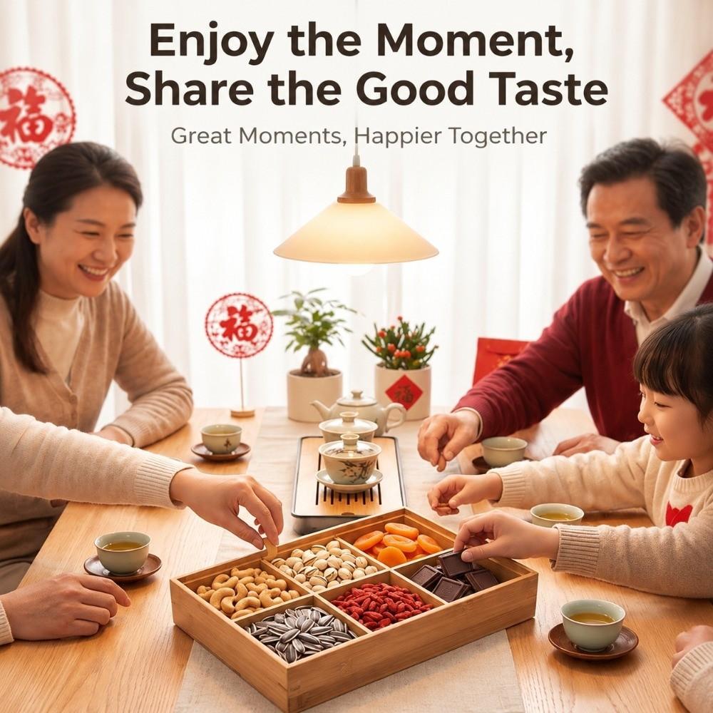 Bamboo Divided Nut Tray 6 Grid Lidded Dried Fruit Container  Festive Food Display