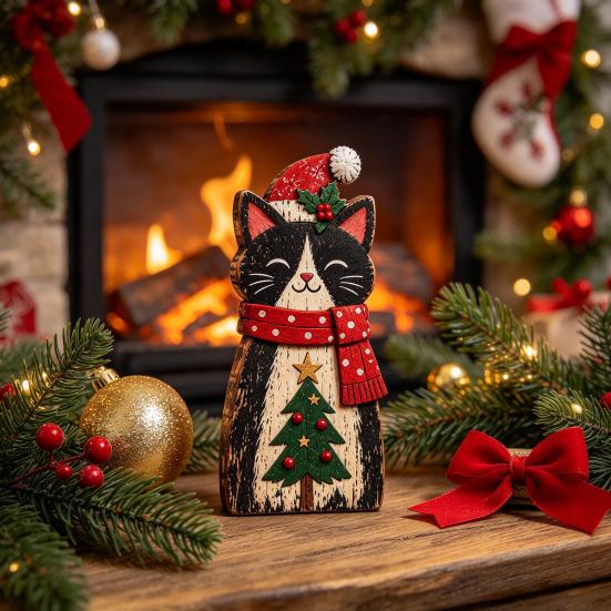 Whimsical Cat Room Decor Wooden Table Sign, Rustic Christmas Block Sign with Hat And Scarf, Retro Style Festive Ornament 2D Flat Vintage Farmhouse