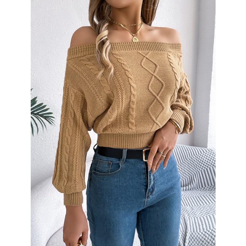 

Осенне-зимний женский повседневный однотонный свитер с воротником в одну линию без бретелек с длинными рукавами L хаки