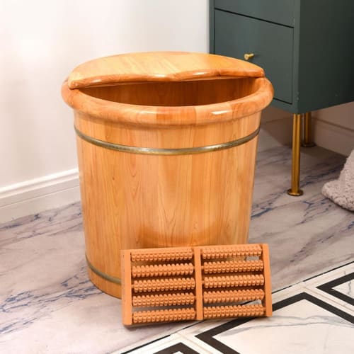 AOUGN Fußbad Eimer, Holzfußbecken mit Massagerolle, Fußentspannung (Massivholzbezug + Massageperlen + Universalrad + Abfluss + Beifuß) (41