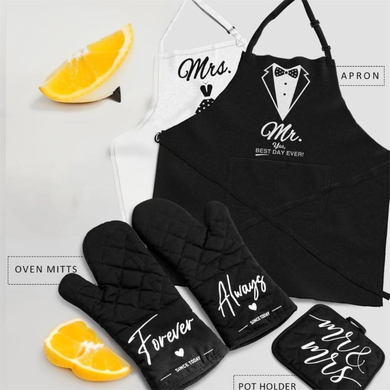 Couples Apron Set Lovely Pattern Adjustable Ties Resistant Kitchen Wear Wedding Anniversary Gift Set Apron with Gloves