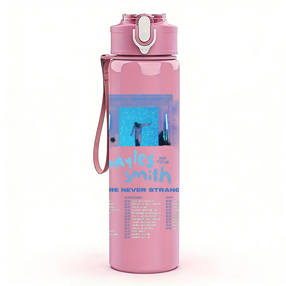 1PC Light Blue City Building Sketch Print 750ml Colorful Plastic Sports Water Bottle Leakproof Pop Up Lid with Straw for Outdoor Work Home Use