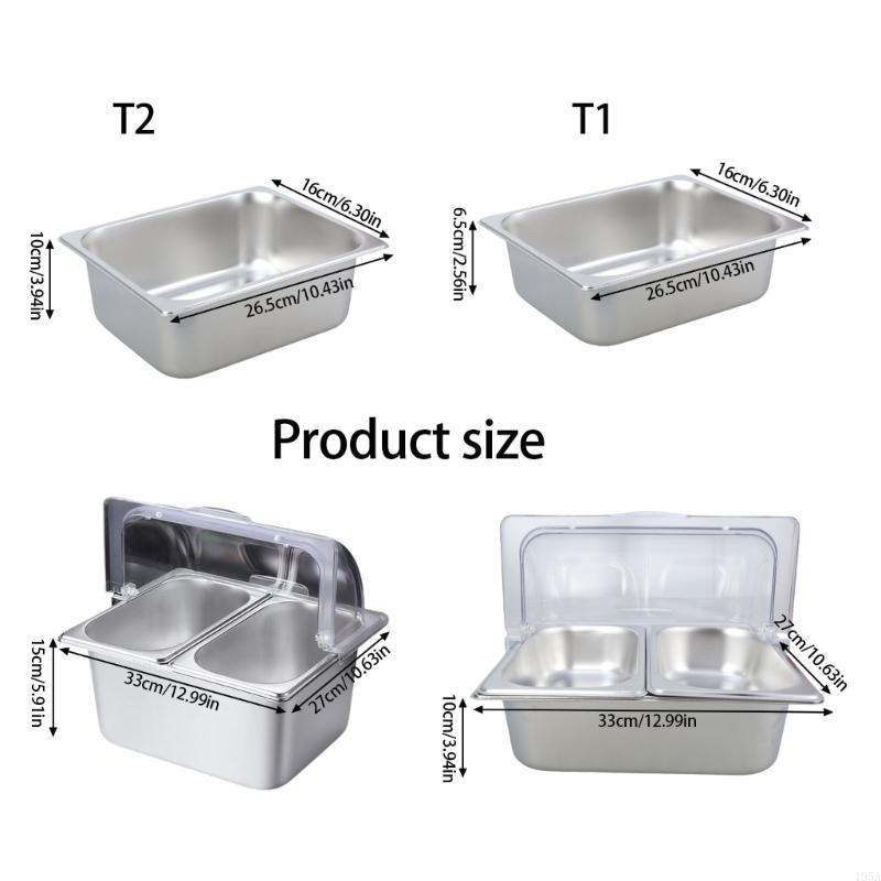 Stainless Steel 2 Compartment Buffet Tray with Clear Roll Top Lid for Restaurant Condiment Dispenser Food Display Pan