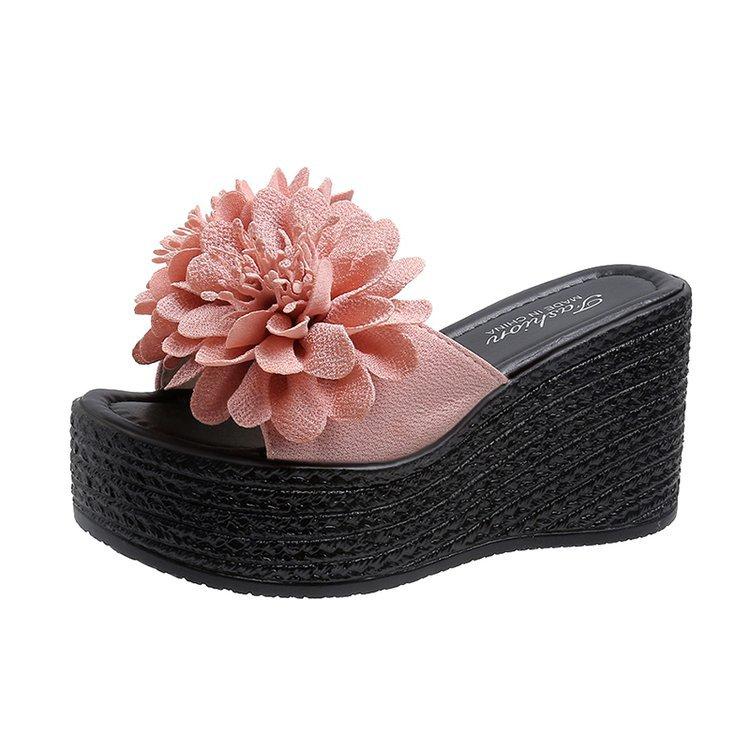

New European and American one-word muffin slippers wedge heel thick bottom large size high heel cool slippers 43 рожевий