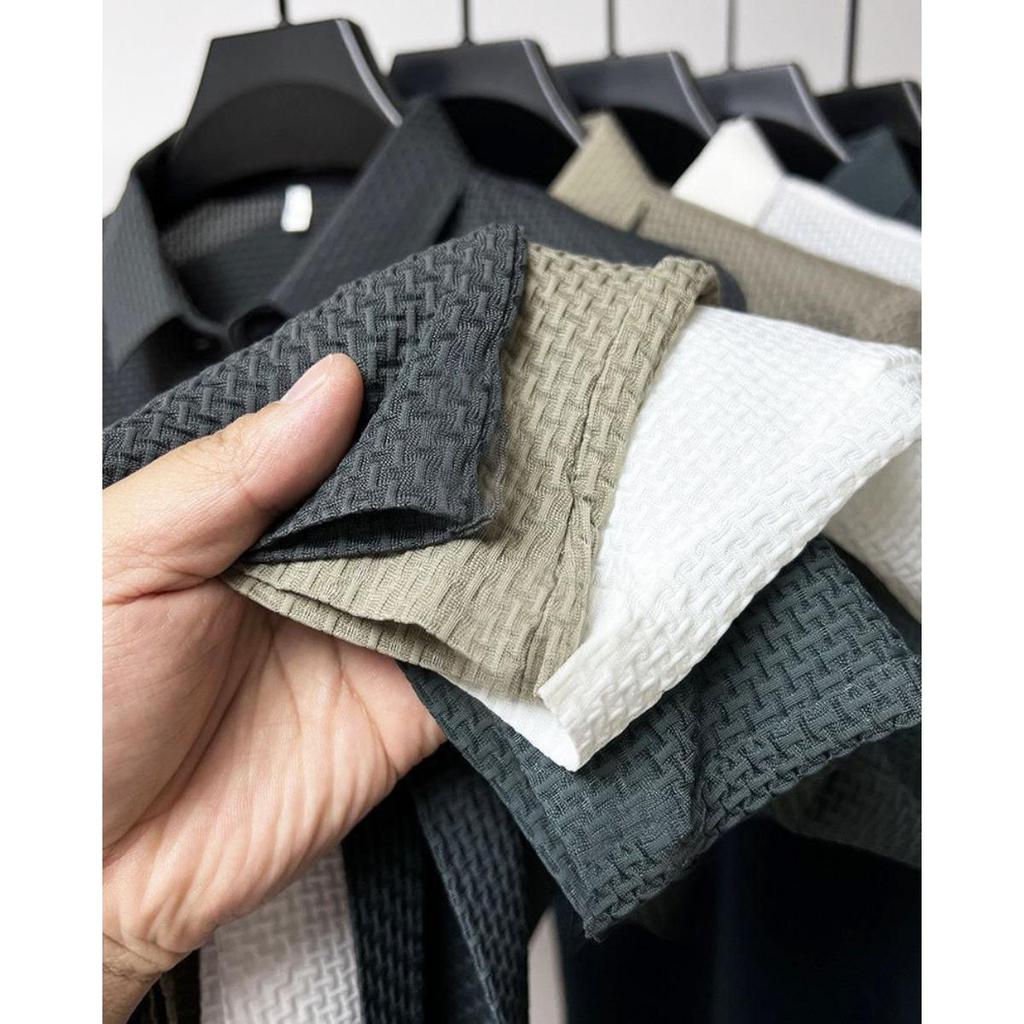 Camicia da Uomo in Fibra di Seta Ghiaccio - Traspirante Manica Corta Motivo Geometrico Collo con Bottoni Top Casual, Versione Regolare Estiva Top Quotidiano da Uomo | Camicia Classica