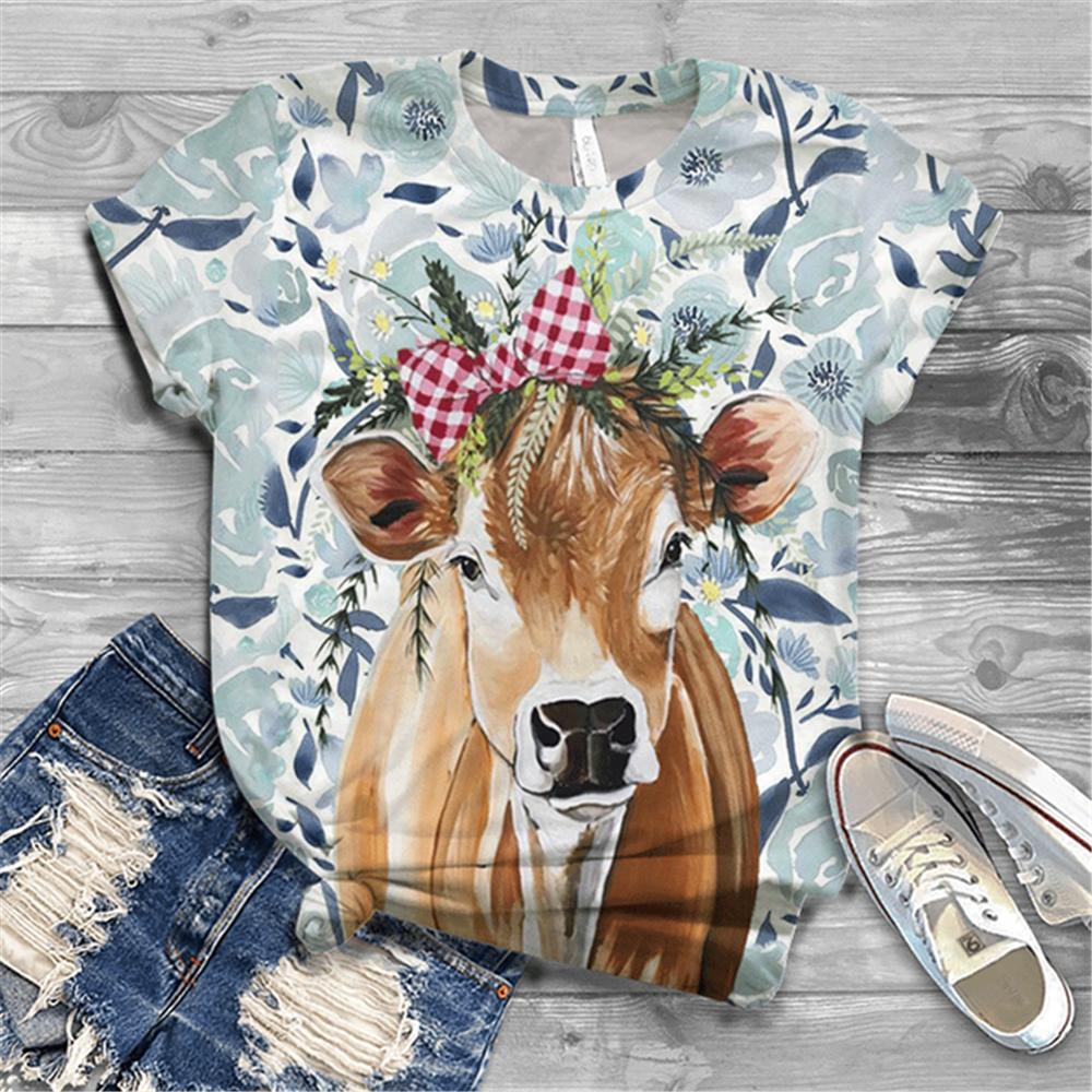 Women's T-shirt Short Sleeve Summer Everyday Animation Horse Digital 3D Print Sexy Diagonal Collar Top Loose Female Pullover