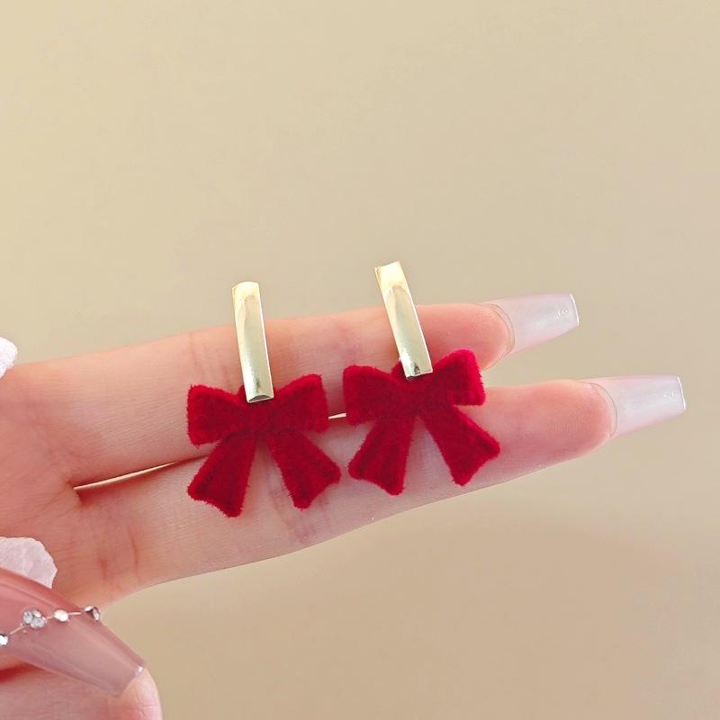 New Year'S Christmas Red Flocking Bow Earrings Female Earrings Are Suitable For The Festive Earrings Of The New Year