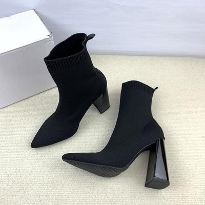 Elastiniai batai, kvėpuojantys, storu kulnu, megzti, smailiu dizainu, elegantiški, nišiniai, trumpi, ploni, madingi, lengvi