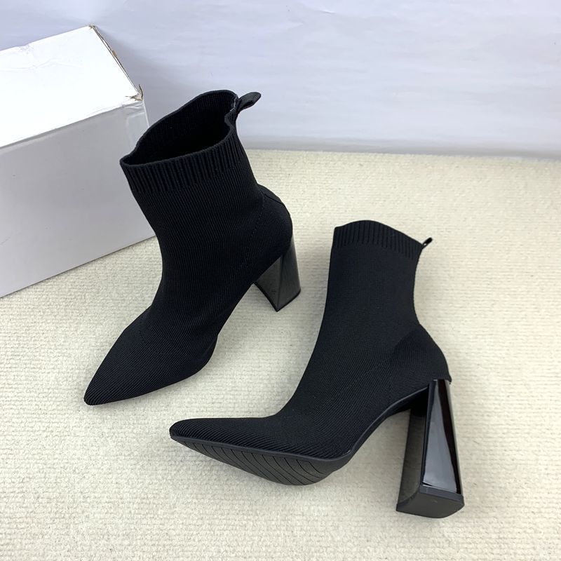Elastické čižmy priedušné hrubý podpätok pletený špicatý dizajn elegantné niche krátke čižmy pôsobia tenko módne ľahké