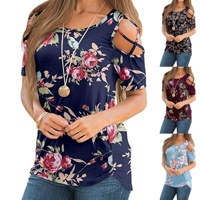 Damen Sommerdruck Kurzarm Riemchen Cold Shoulder T-Shirt Tops Blusen