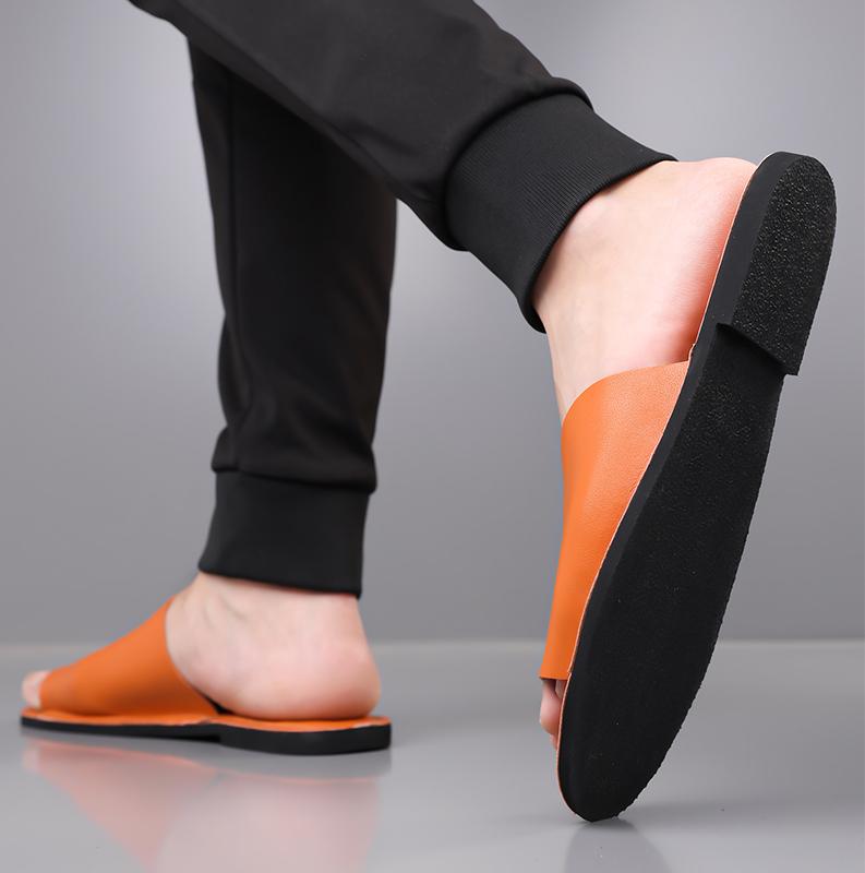 Herren Schwarz Leder Hausschuhe Handgemacht Einfache Flache Schuhe Sommer Orange Römische Sandalen Offene Zehen Strand Schuhe Übergröße