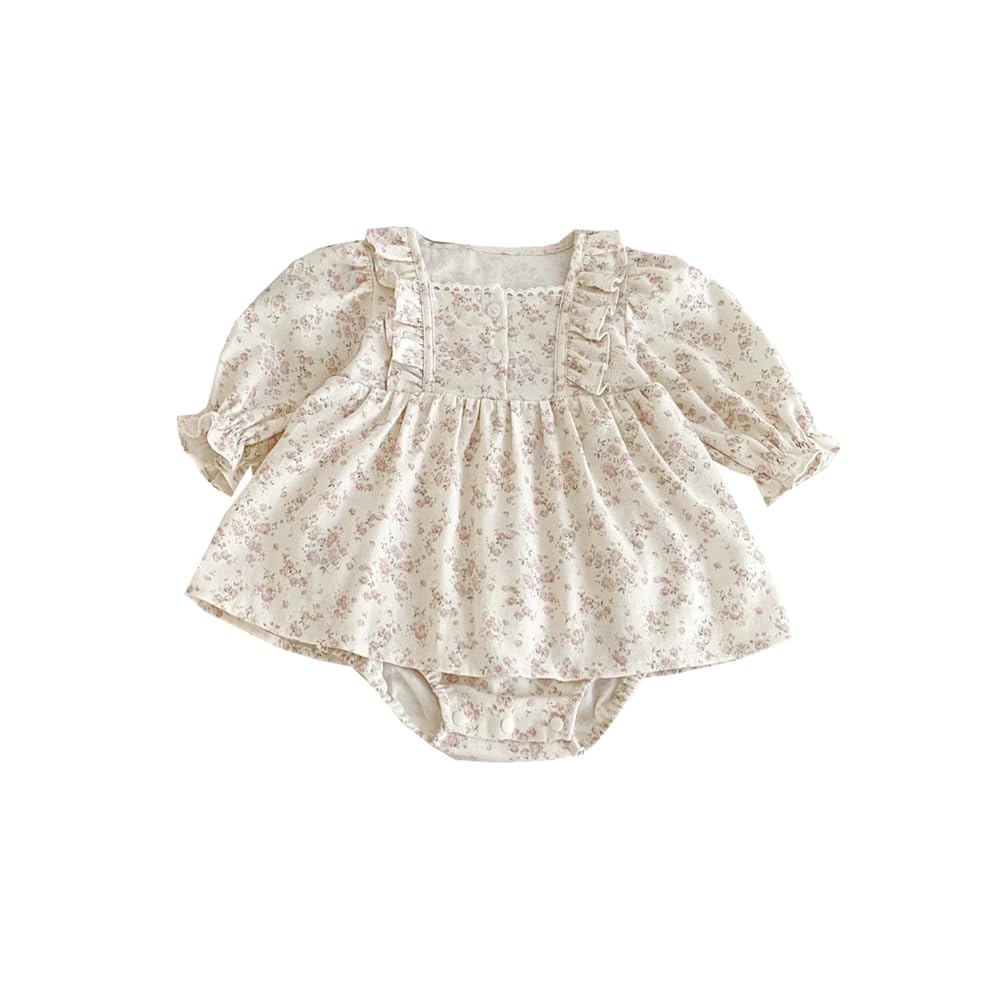 

Детская одежда с длинным рукавом, юбкой, цветочный принт [Baby koi], платье, для девочек, весна/осень, комбинезон, для малыша, подготовка, подарок, узор, бежевый, розовый, 6-9М