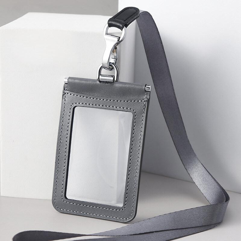 Double Sided Transparent PVC and Real Leather Work Card Holder with Lanyard Staff Hanging Neck Anti-interference Protection ID Badge Cards Cases