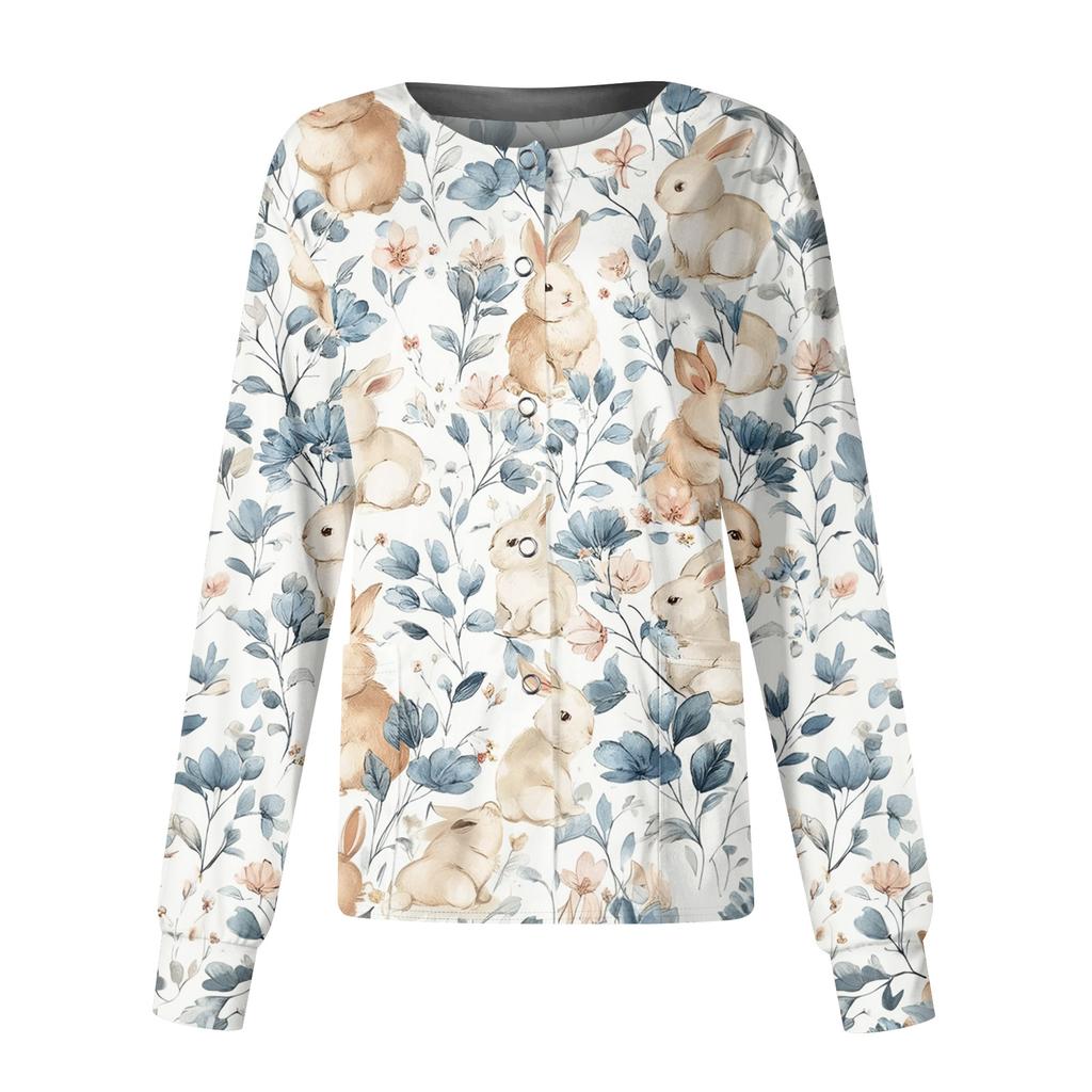Damen Casual Mode Langarm Stehkragen Einreiher Pflanzenprint Uniformjacke Top