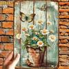 1pc Retro Butterflies & Daisies Metal Sign, 2D Flat Art Print with Pre-Drilled Holes, Indoor Outdoor Garden Home Decor
