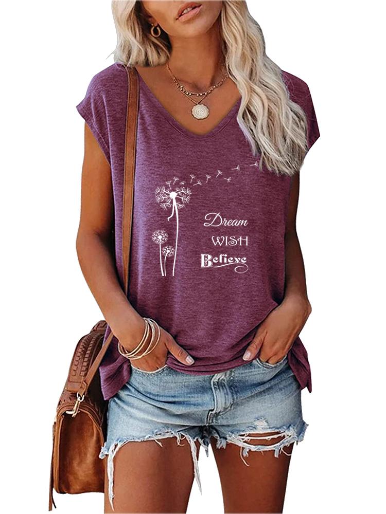 Women Fashion Printed Top Summer V Collar Tee Shirt Ladies Casual Short Sleeve T-shirt