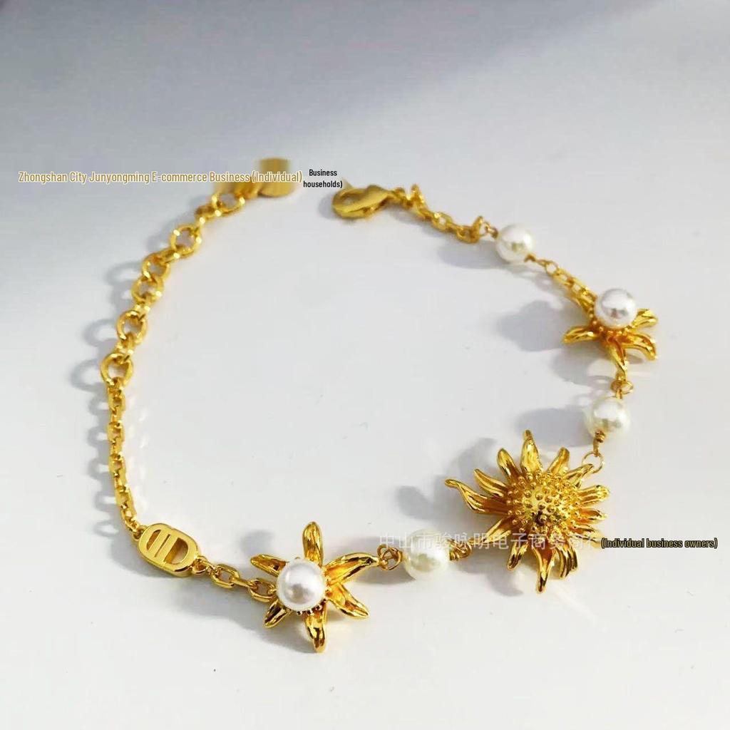 Sunflower Patchwork Pearl Bracelet & Earrings Set with Letter CD Design.