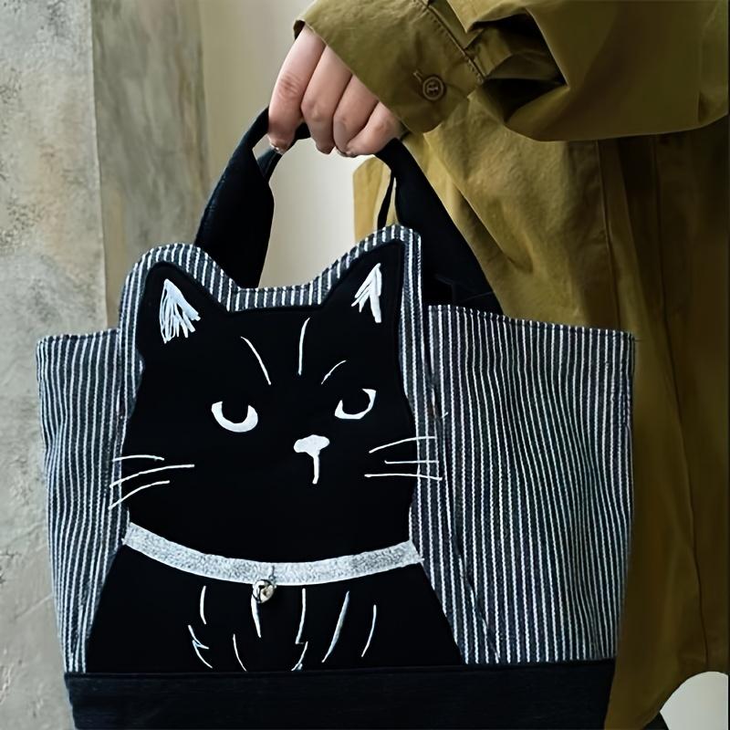 Chic Black Cat Embroidered Large Capacity Tote Bag Durable Polyester, Zipper Closure, Striped Handle Design for Everyday Use & Shopping