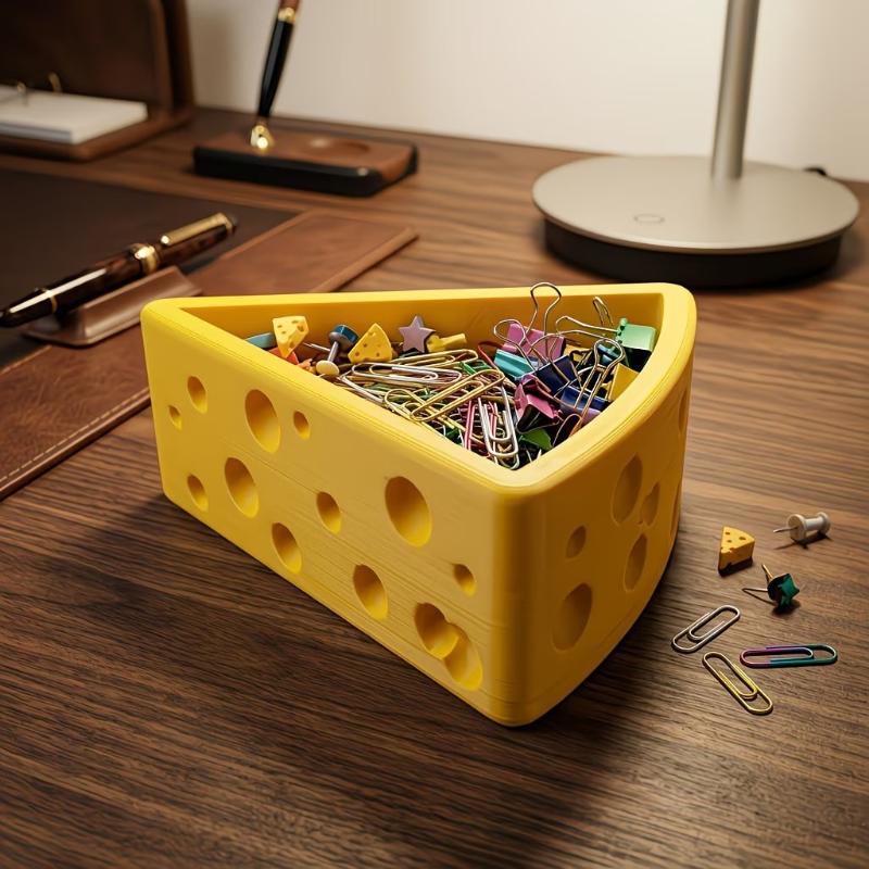 3D Printed Fun Cheese Triangle Storage Box Pen Holder Jewelry Organizer Cute Desk Decor For Home Office Gift