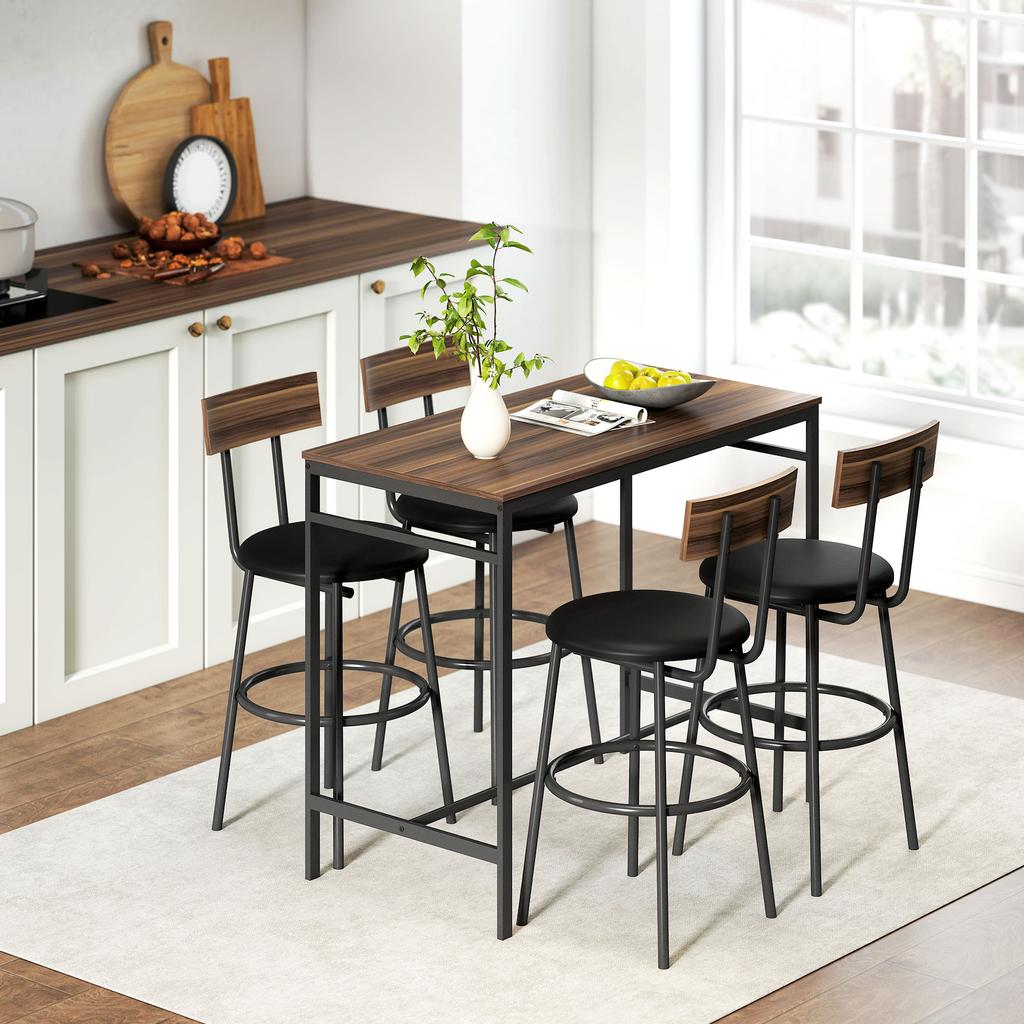 Set Tavolo Alto da Bar a 5 Pezzi con 4 Sedie, Design Industriale, per Cucina, Sala da Pranzo, Legno, Acciaio, Marrone
