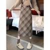 Falda Midi de Lana a Cuadros Retro: Cintura alta corte A con abertura, Adelgazante Largo medio para Otoño/Invierno 2023