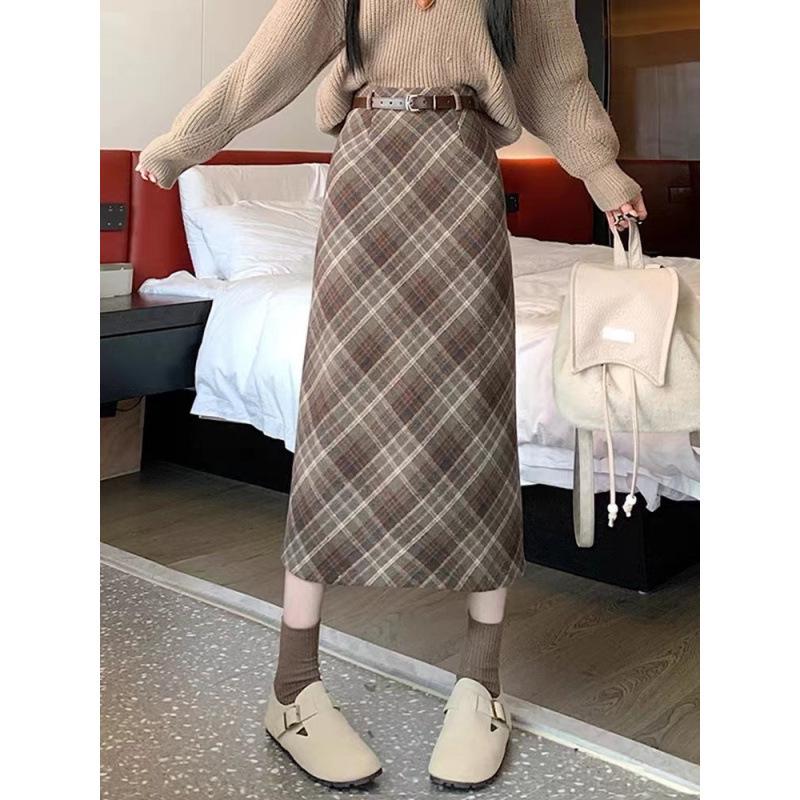 Falda Midi de Lana a Cuadros Retro: Cintura alta corte A con abertura, Adelgazante Largo medio para Otoño/Invierno 2023