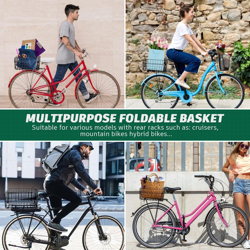 LIOOBO Folding Bicycle Basket, Black, 14" x 11" x 8", Steel Construction, Stable Design, Large Capacity Storage for Commuting, Shopping, and More