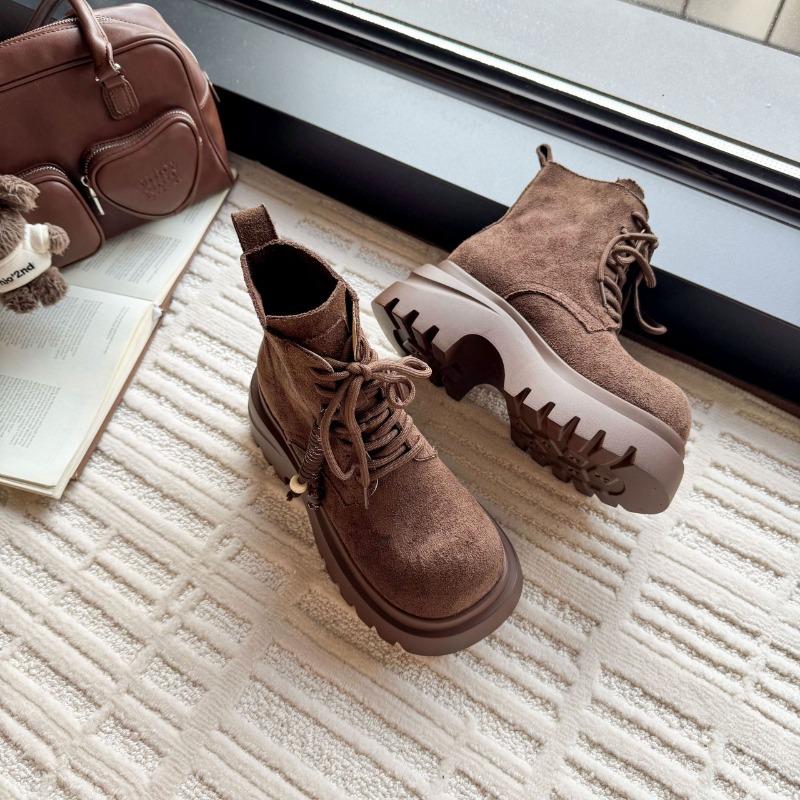 Autumn New Frosted Leather Martin Boots Women's Shoes Platform Muffin Round Head Lace-up Casual Locomotive Boots Short Boots Women
