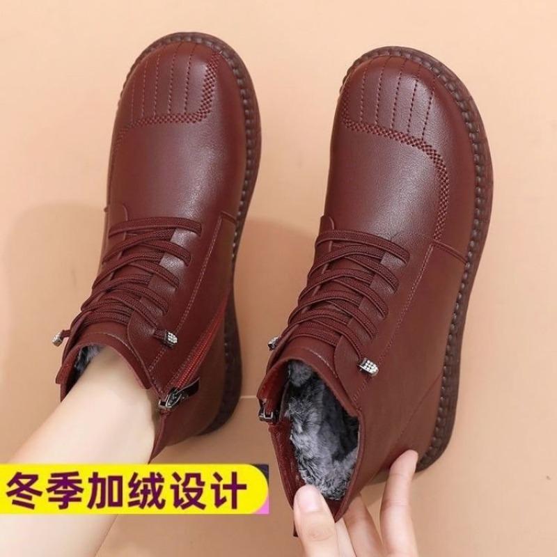 Soft leather mother cotton shoes winter new flat soft sole women's shoes medium velvet comfortable warm short boots